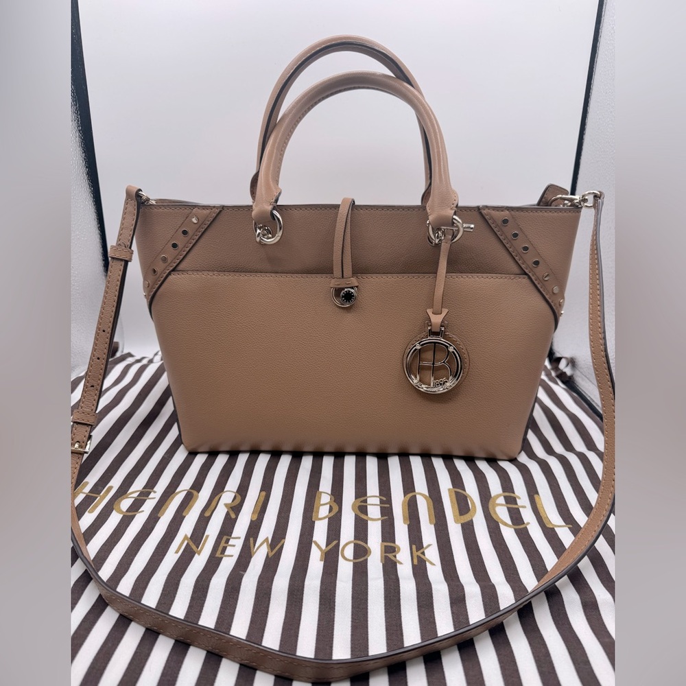 Henri Bendel Tan Atrium  studded satchel tote with Crossbody strap tan color